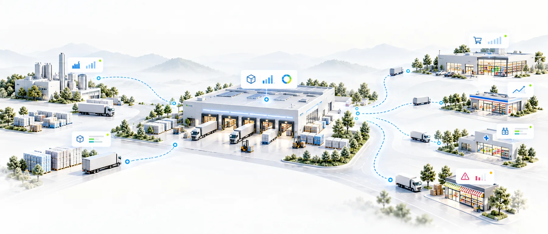 Illustration of a factory, distribution centre and stores connected by delivery routes